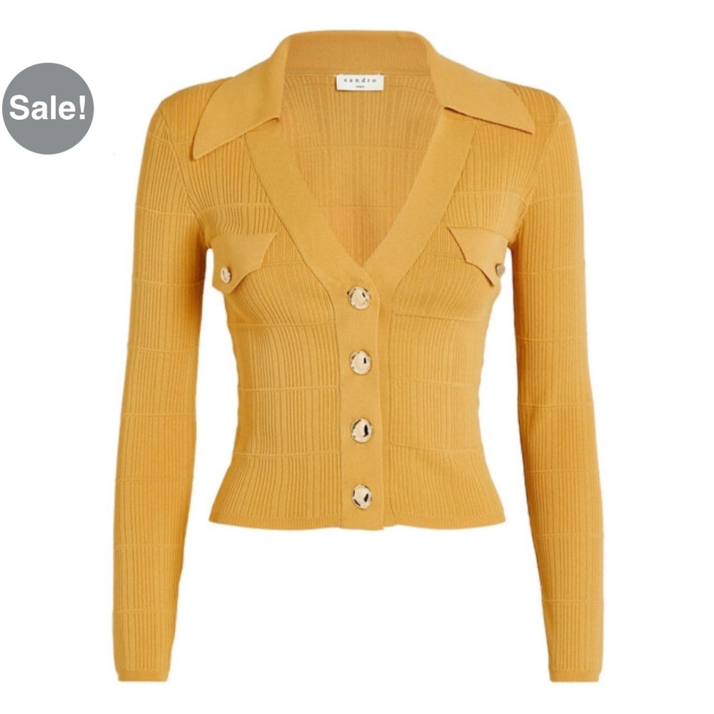 Sandro Mustard Ribbed Button-Up Cardigan - Picture 3 of 13